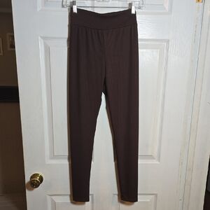 Elegant Chocolate Brown High-Waisted Ribbed Straight Skinny Leggings